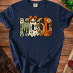 Navy t-shirt with "Mood" text featuring a ghost, moon, flowers, and bats.