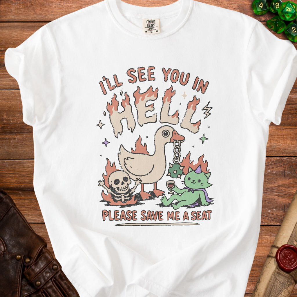 White t-shirt with graphic of duck, skeleton, and cat with text "I'LL SEE YOU IN HELL".
