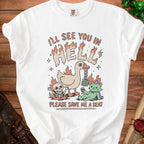 White t-shirt with graphic of duck, skeleton, and cat with text "I'LL SEE YOU IN HELL".