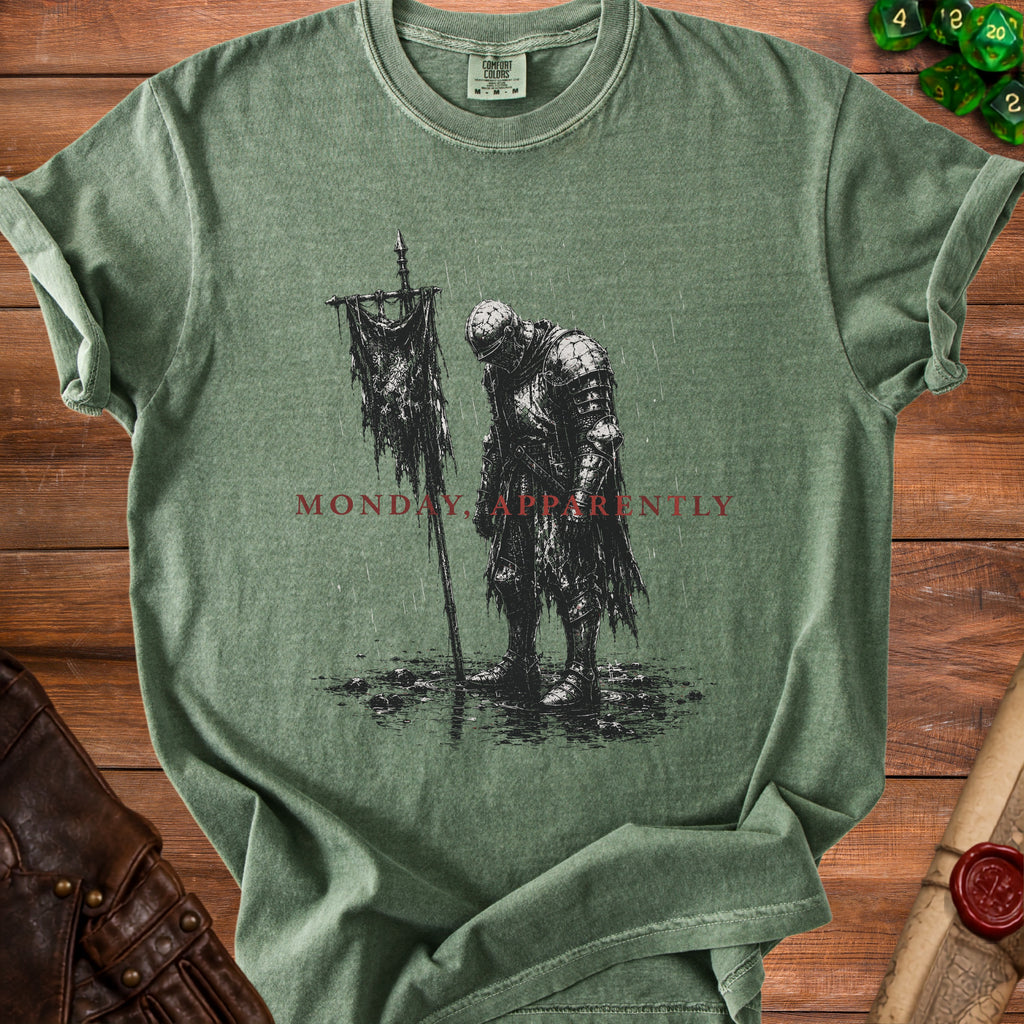 Green t-shirt with a distressed knight graphic and "MONDAY, APPARENTLY" text.