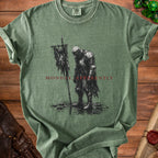 Green t-shirt with a distressed knight graphic and "MONDAY, APPARENTLY" text.