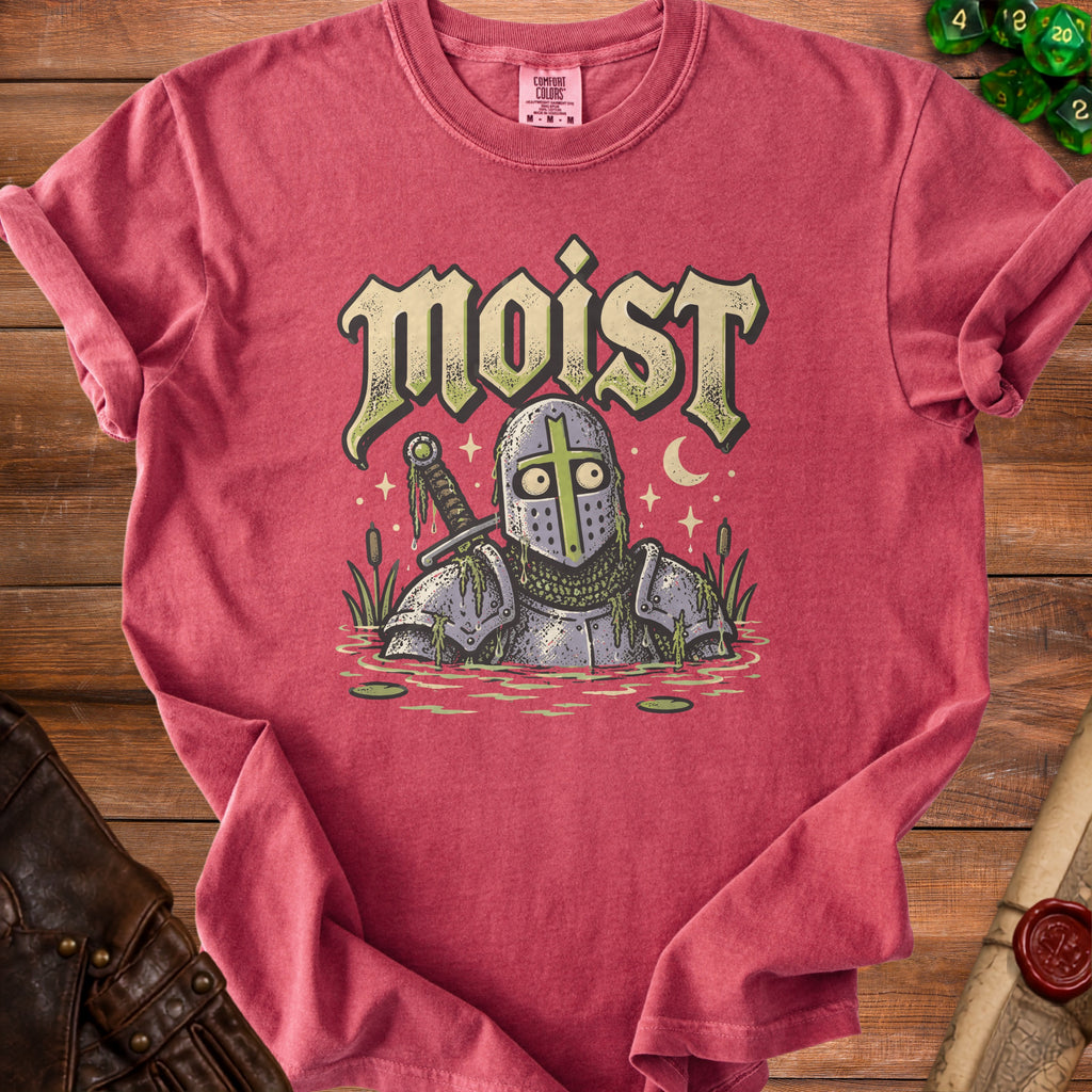 T-shirt with knight in water graphic and "moist" text.