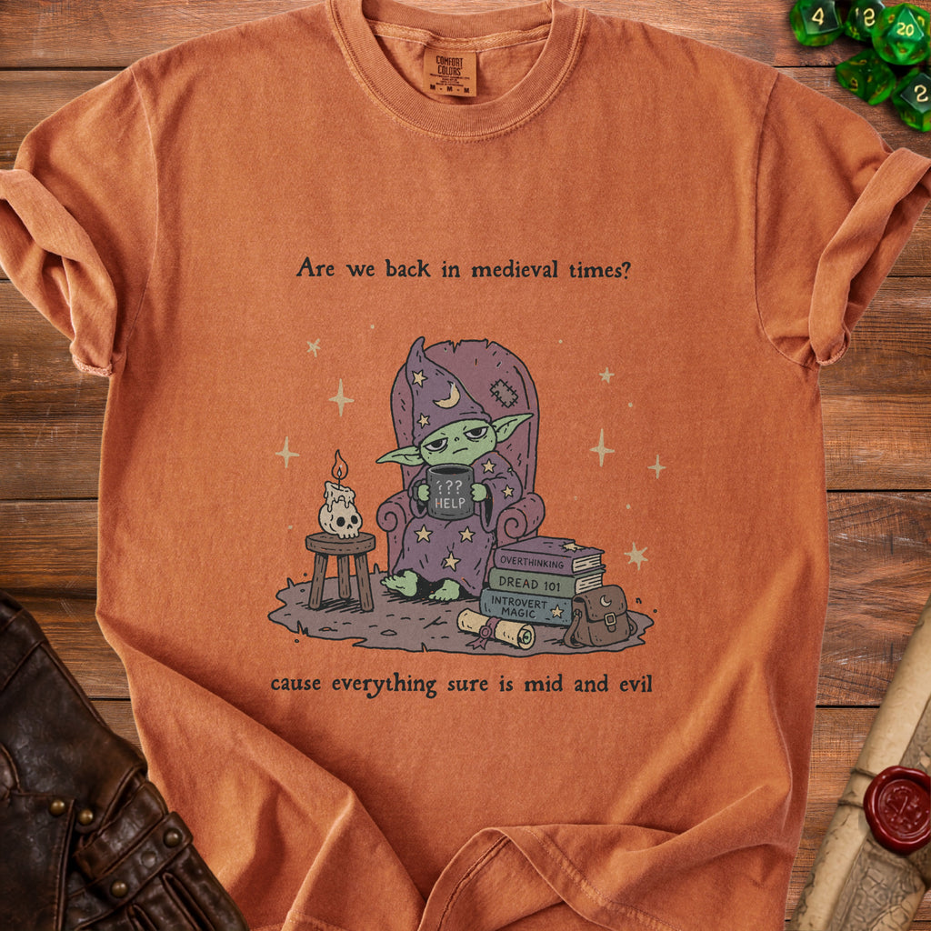 T-shirt with graphic of a grumpy wizard holding a "HELP" mug, surrounded by books.