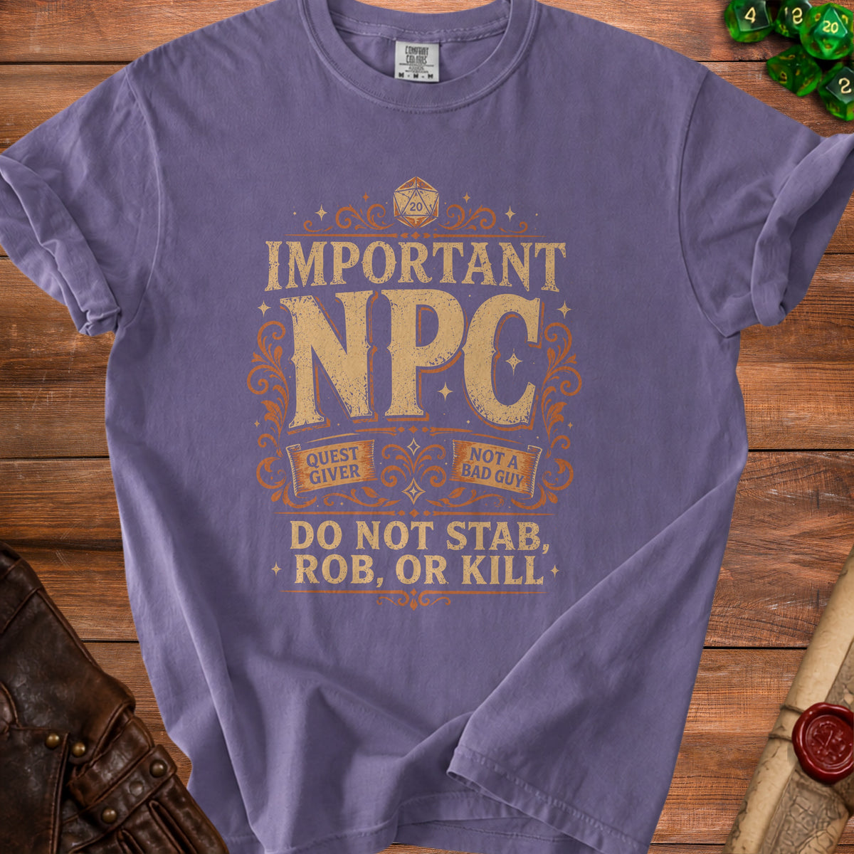 Purple t-shirt with "Important NPC" text, a D20 die, and dice.