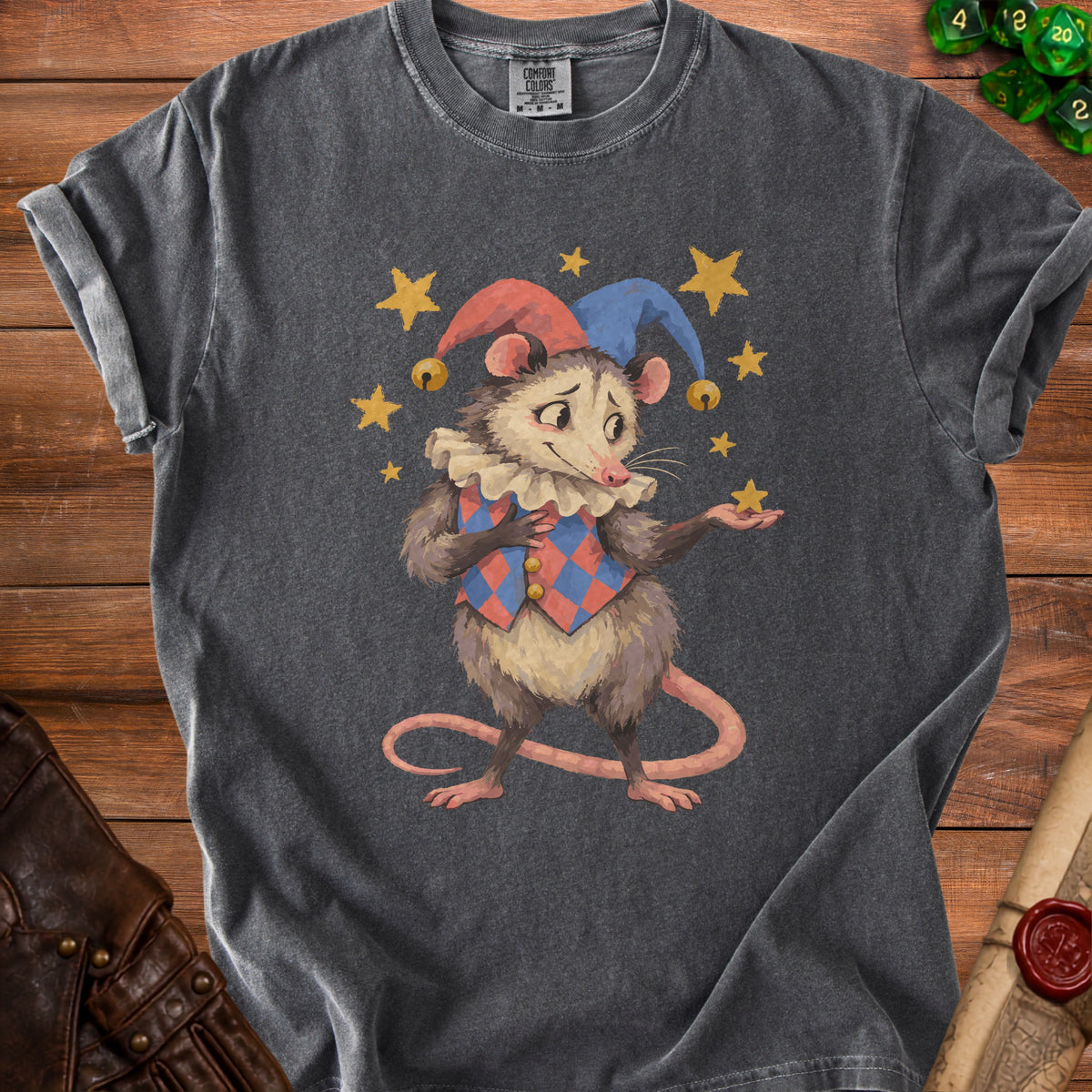 Opossum jester with jester hat and checkered vest among yellow stars.