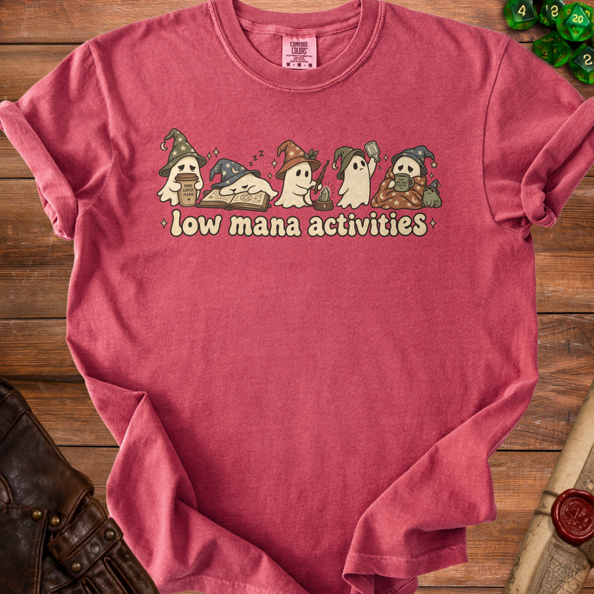 T-shirt with cartoon ghosts and text "low mana activities"