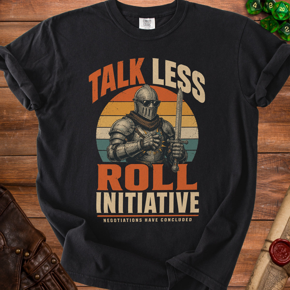 Black t-shirt with knight in armor, sunglasses, sword, and text "Talk Less Roll Initiative".