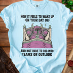 Light blue t-shirt with text and drawing of a knight in bed.