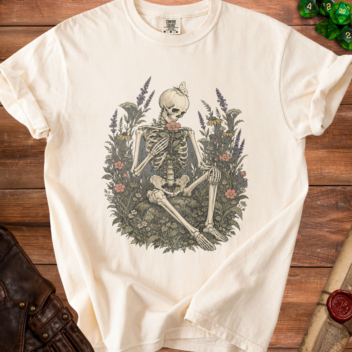 Skeleton holding flower surrounded by foliage with butterfly on head.