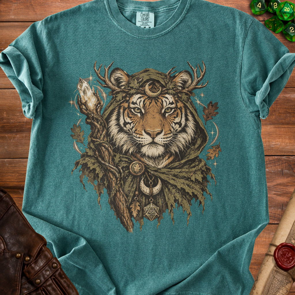 Tiger wearing antlers and hooded cloak with crystal staff and D20 dice.