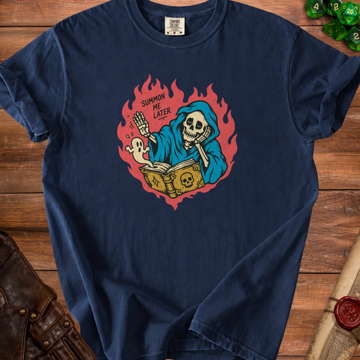 Grim reaper in blue robe reads from a book with a ghost and text "Summon me later."
