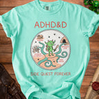Teal t-shirt with "ADHD&D SIDE QUEST FOREVER" and fantasy map illustration.