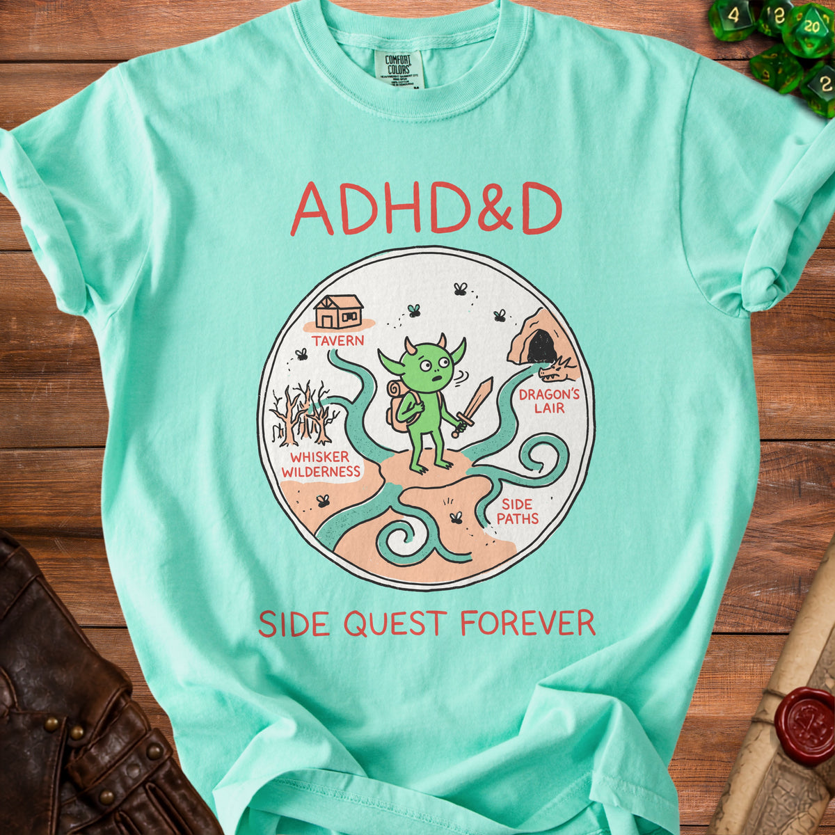 Teal t-shirt with "ADHD&D SIDE QUEST FOREVER" and fantasy map illustration.