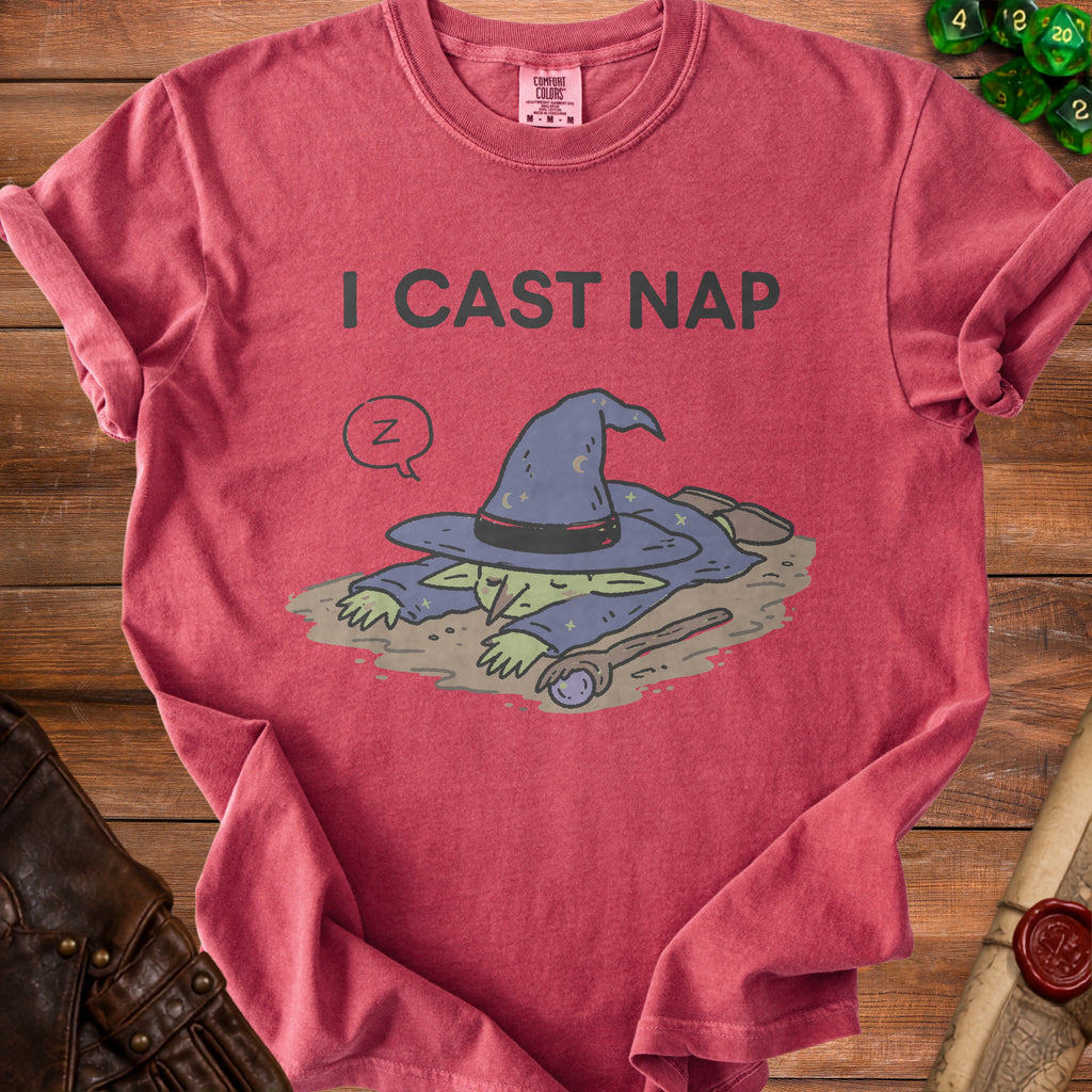 Red t-shirt with a sleeping wizard graphic and text "I CAST NAP".