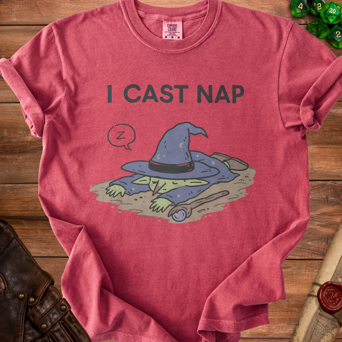 Red t-shirt with a sleeping wizard graphic and text "I CAST NAP".