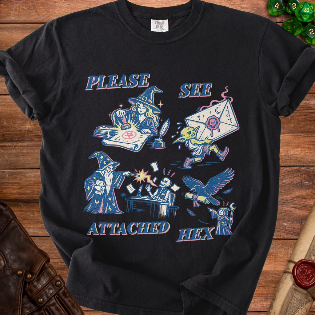 Black t-shirt with "Please See Attached Hex" and wizard, goblin, skeleton, and raven graphic.