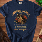 Navy t-shirt with a dragon holding a d20 and text: Dungeon Master (noun) 1. maker of worlds.