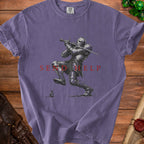 T-shirt with a knight fighting a mouse and the text "SEND HELP" in red.