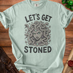 Light blue t-shirt with Medusa graphic and "LET'S GET STONED" text.