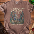 Brown t-shirt with skeleton in witch hat drinking coffee in forest, "MILF Man I Love Forests" text.