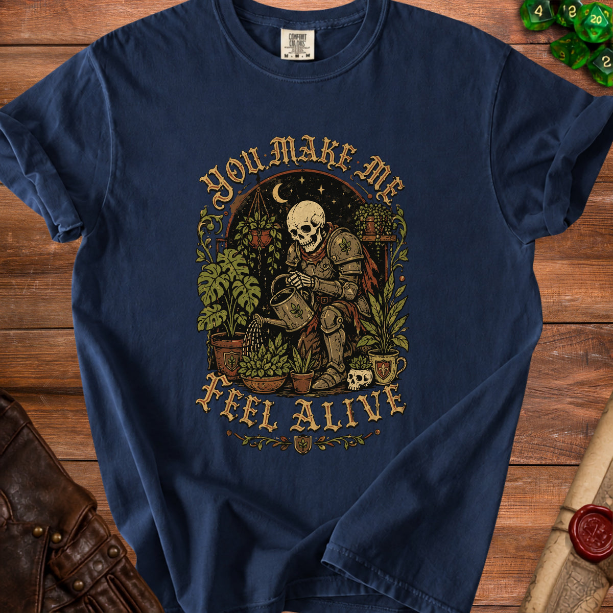 Skeleton in armor watering plants with text "You make me feel alive".