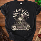 Black t-shirt with "Out of Spell Slots" and a grumpy frog wizard.