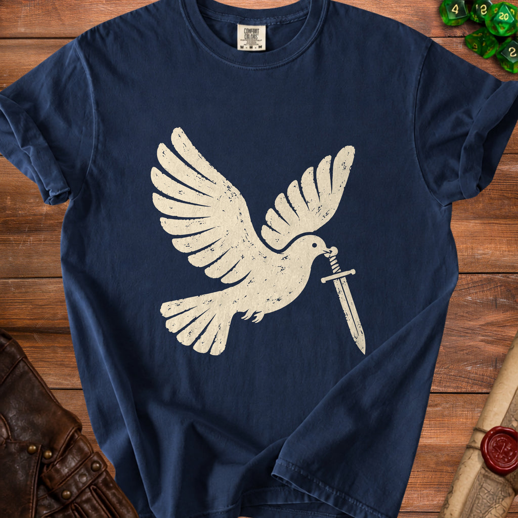 Navy t-shirt with distressed white dove holding a sword design.