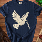 Navy t-shirt with distressed white dove holding a sword design.