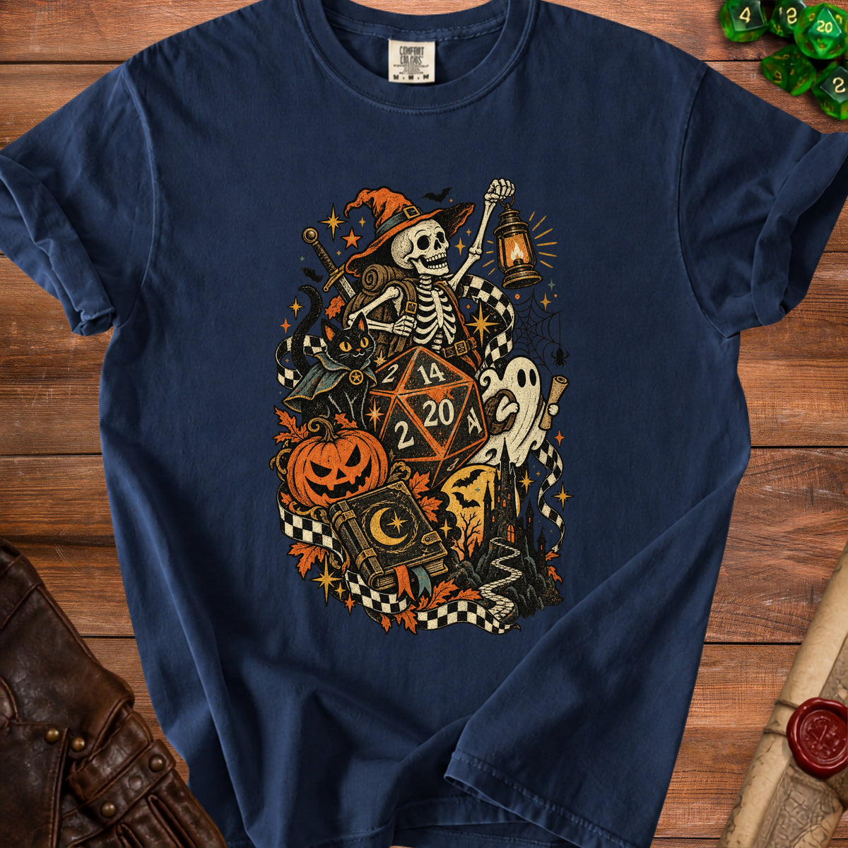 Skeleton in witch hat with lantern, dice, cat, pumpkin, book, and ghost.