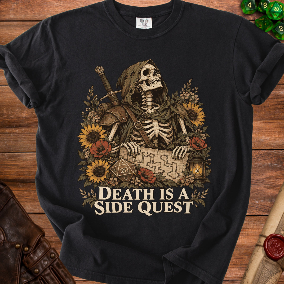 Skeleton in hooded robe holds a map surrounded by flowers and dice with text "DEATH IS A SIDE QUEST".