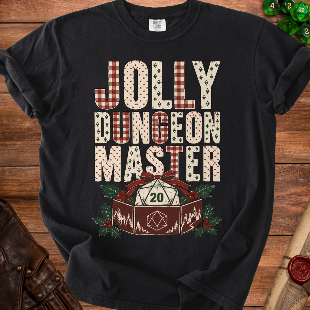 Black t-shirt with "Jolly Dungeon Master" and a D20 die on a wooden background.