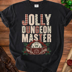 Black t-shirt with "Jolly Dungeon Master" and a D20 die on a wooden background.