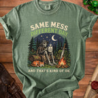 Grim reaper skeleton with coffee in forest scene, "Same Mess Different Day" text.