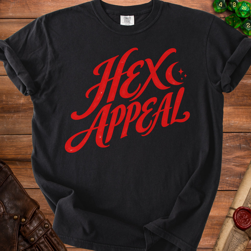 Black t-shirt with red "Hex Appeal" text and stars design.