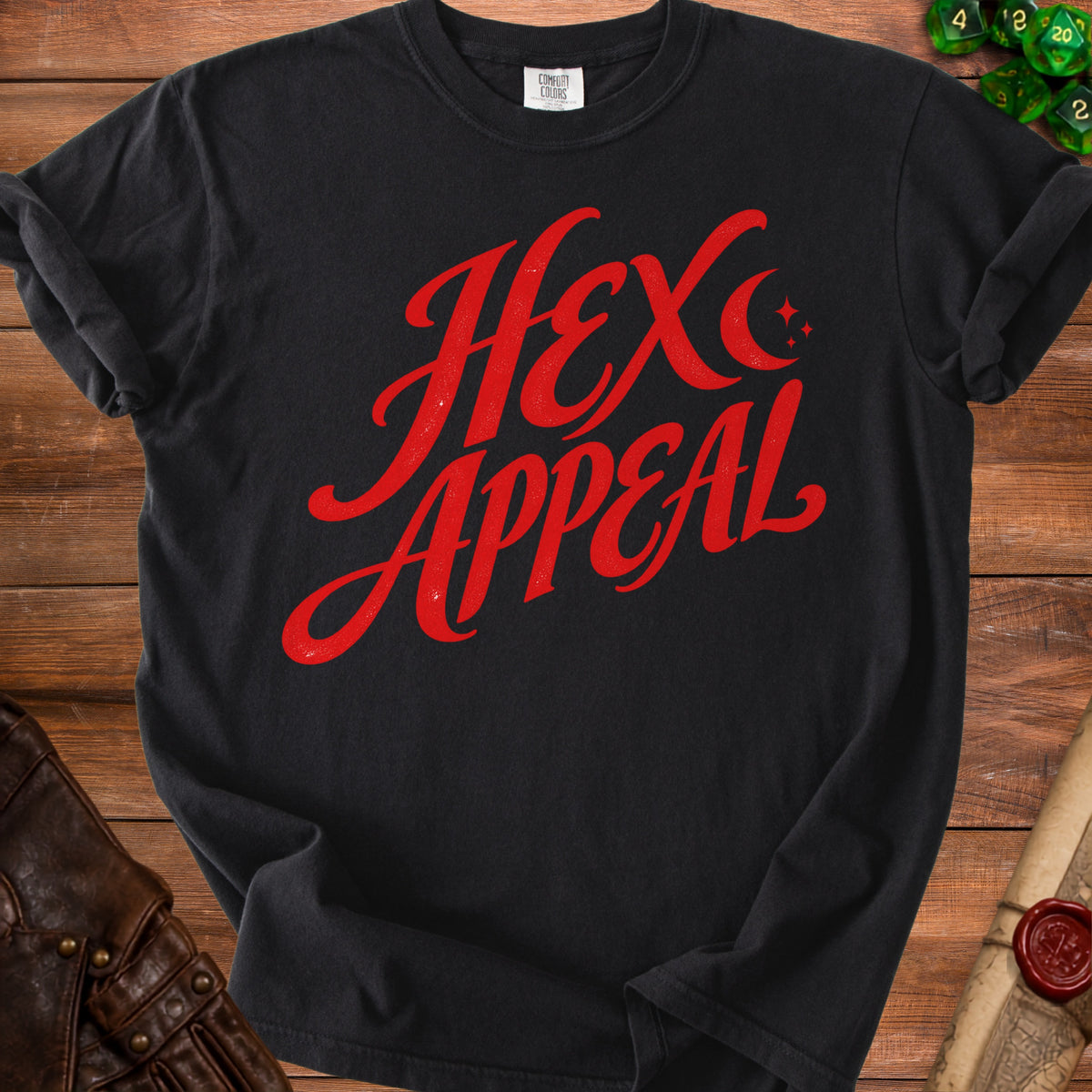 Black t-shirt with red "Hex Appeal" text and stars design.