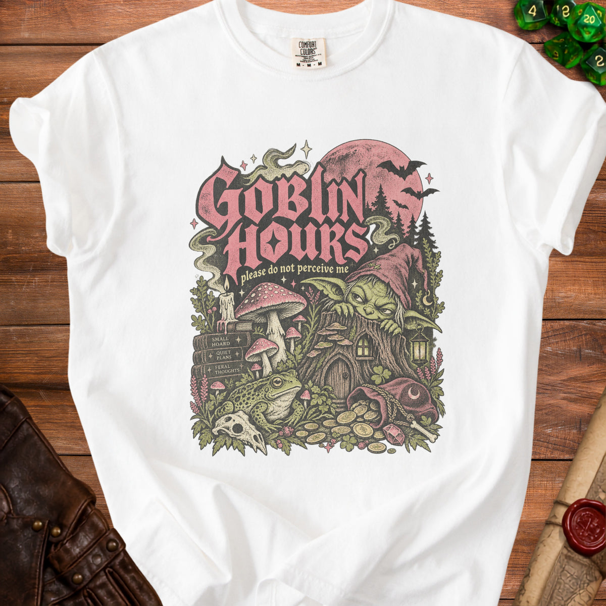 Goblin Hours shirt with text "please do not perceive me" and fantasy art.