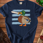 Duck with sword in beak on blue striped background, Comfort Colors tag.