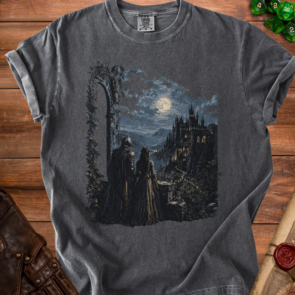 Knight and queen looking at a moonlit castle through an archway.