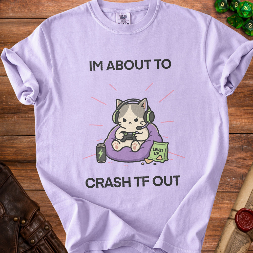 Lavender t-shirt with a cat playing video games and text "IM ABOUT TO CRASH TF OUT".