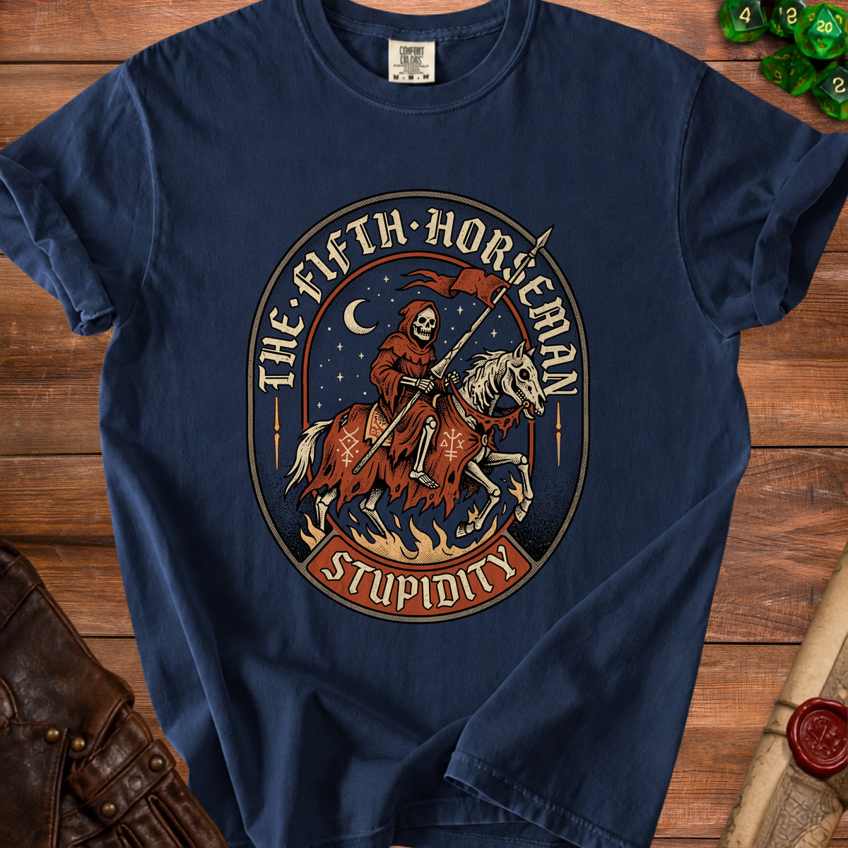 The Fifth Horseman Stupidity graphic on a navy blue t-shirt