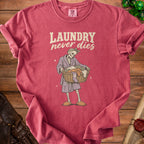 Skeleton in robe carrying laundry basket with text "Laundry never dies".