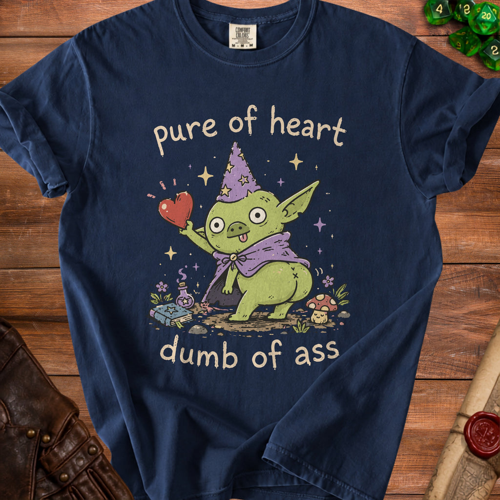Navy t-shirt with a cartoon goblin holding a heart, wearing a wizard hat and cape. Text reads "pure of heart dumb of ass".