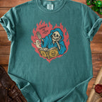 T-shirt with a skeleton in a blue robe reading a book with text "SUMMON ME LATER."