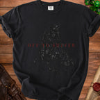 Black t-shirt with a distressed graphic of a figure riding a horse and red text "OFF TO SUFFER".