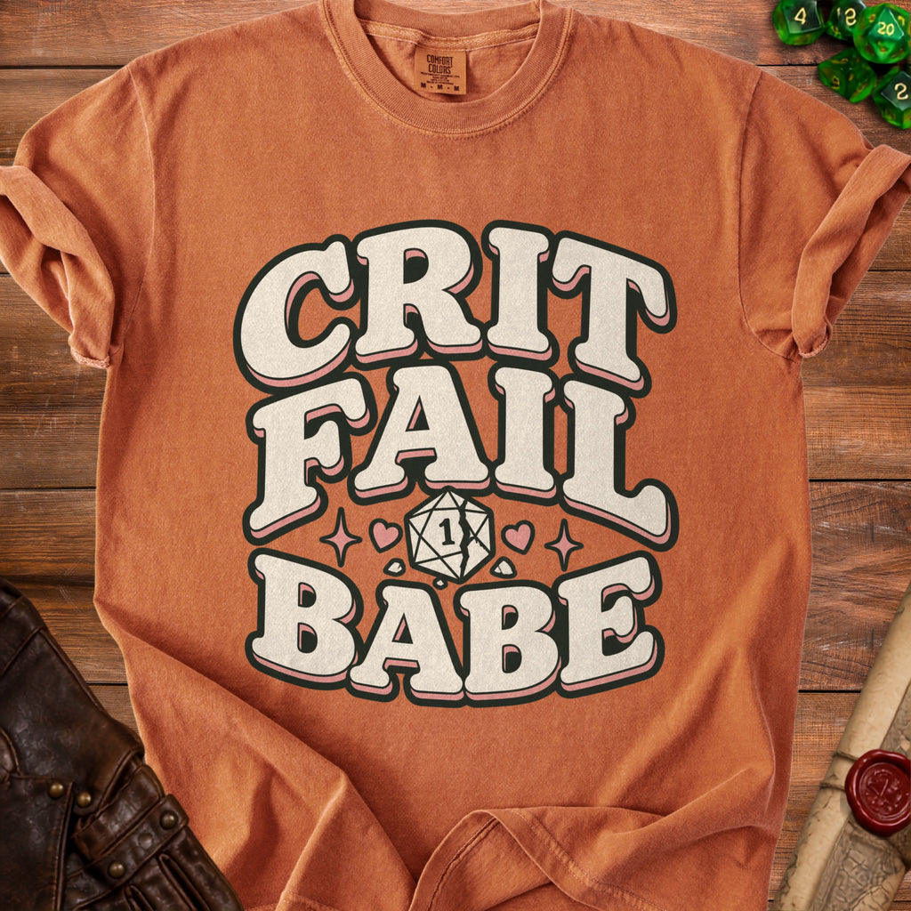 T-shirt with "CRIT FAIL BABE" text and a d20 die graphic.