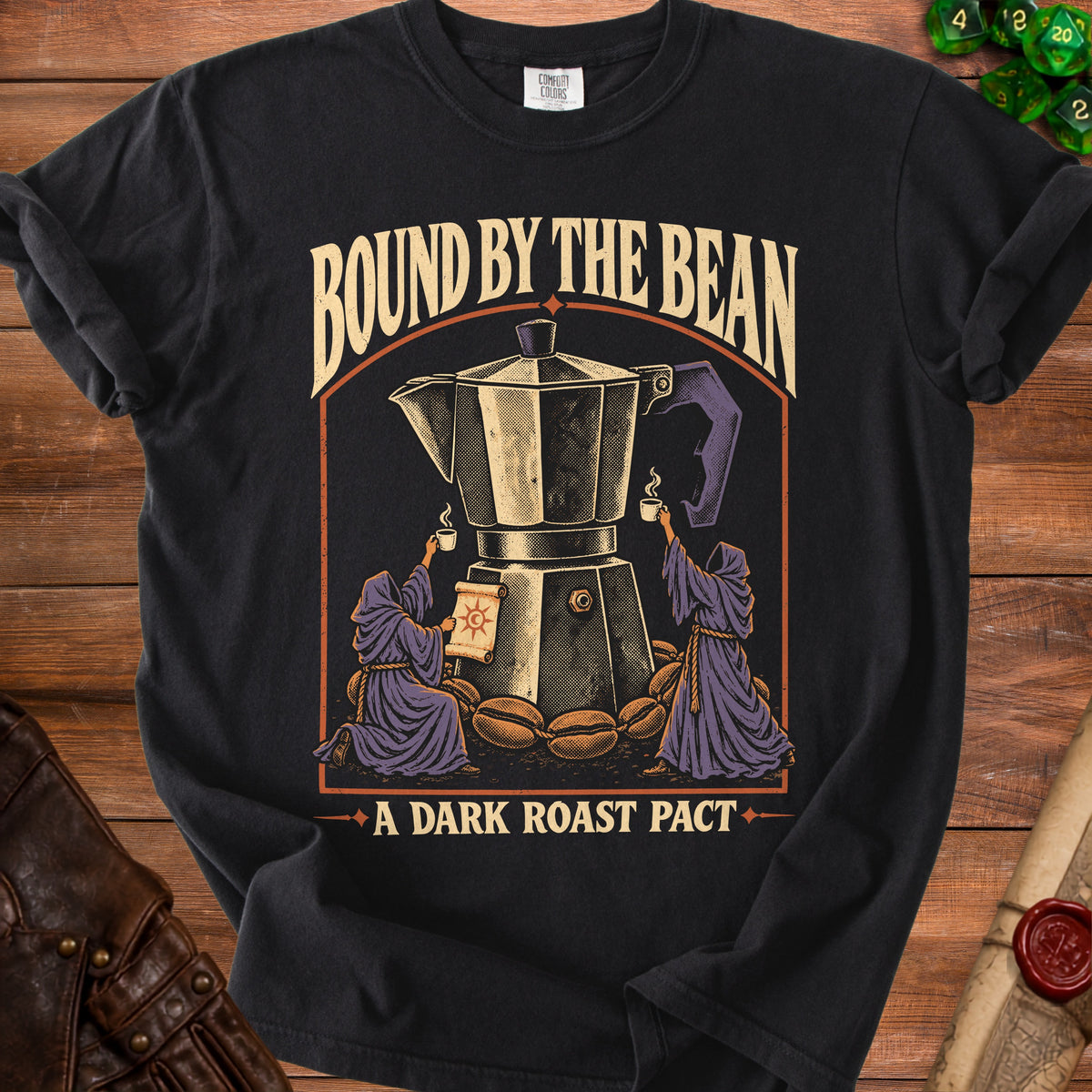 Black t-shirt with "BOUND BY THE BEAN" and coffee pot graphic.