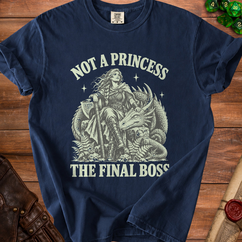 Dark blue t-shirt with warrior woman and dragon graphic, text "Not a Princess The Final Boss".