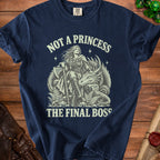 Dark blue t-shirt with warrior woman and dragon graphic, text "Not a Princess The Final Boss".