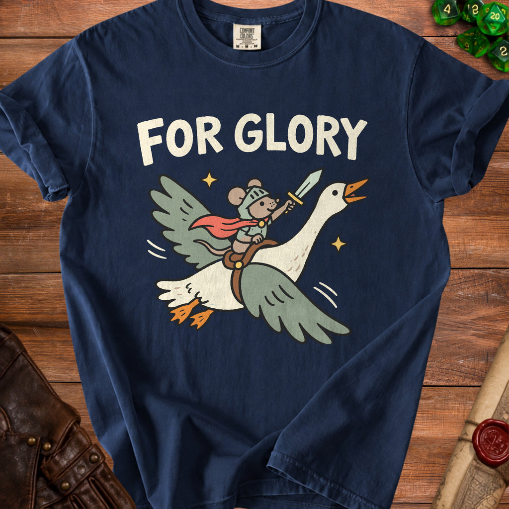 Navy blue t-shirt featuring a graphic of a mouse knight riding a flying goose with the text FOR GLORY.