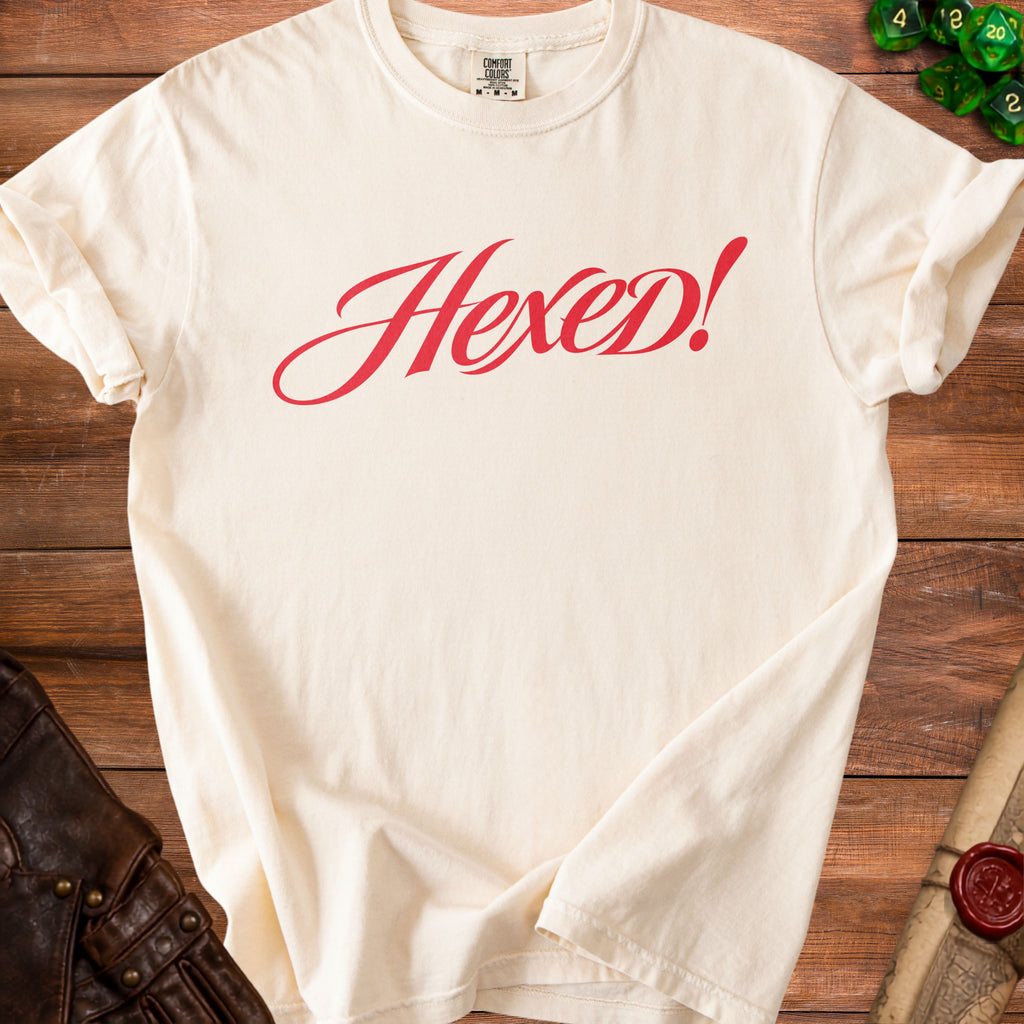 Cream t-shirt with red "Hexed!" text, featuring a Comfort Colors tag.